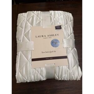 New  2 PC LAURA ASHLEY TWIN SIZE WHITE SATIN QUILT  And SHAM SET   68" × 88"